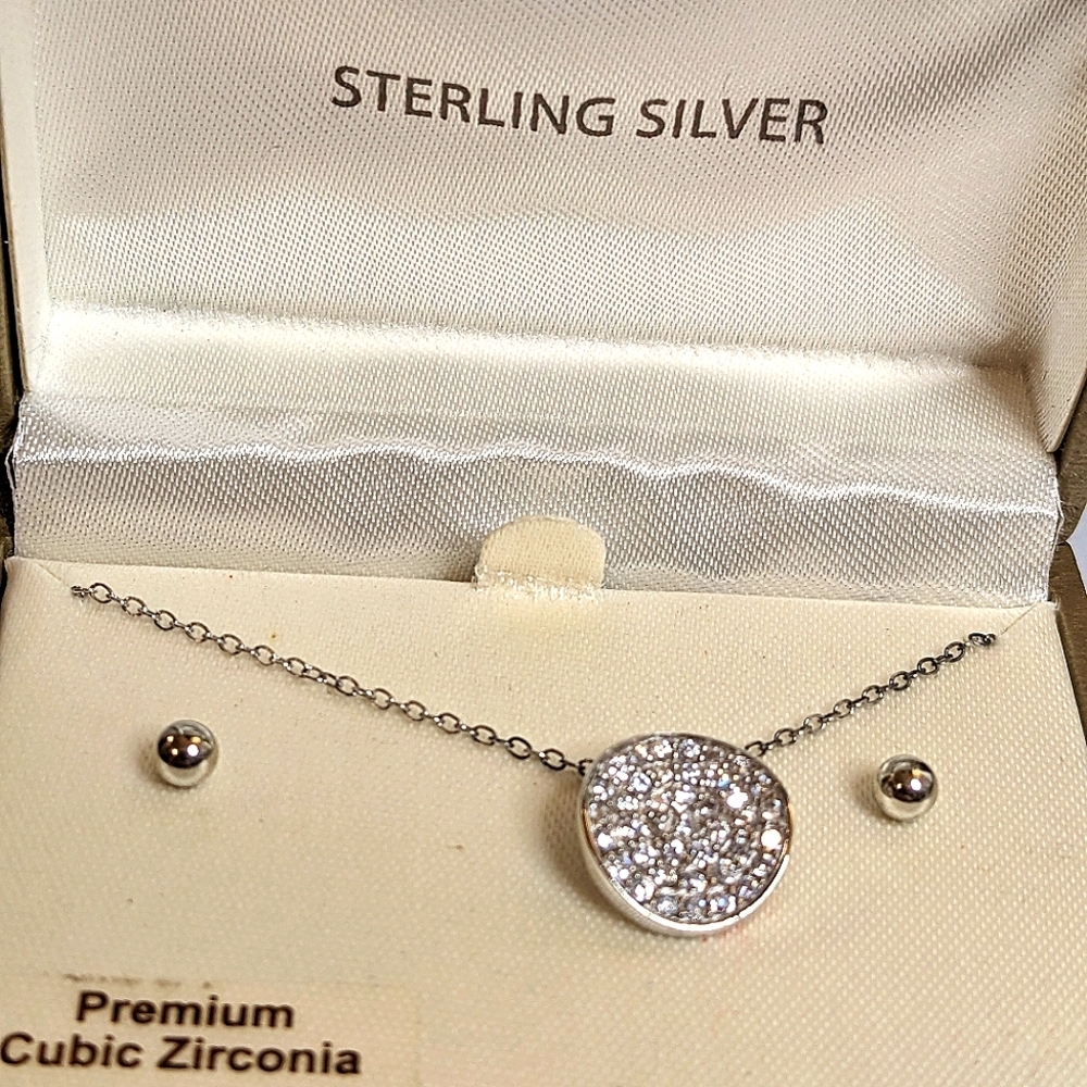 Sterling Silver Cubic Zirconia Necklace With Silver Plated Earring Studs‎